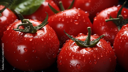 Red tomatoes with drops of water, Concept: bright berry, fresh vegetables for salads, ingredient for ketchup and dressings.