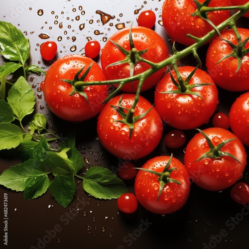 Red tomatoes with drops of water, Concept: bright berry, fresh vegetables for salads, ingredient for ketchup and dressings.