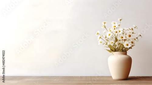 Wooden table with beige clay vase with bouquet of chamomile flowers near empty, blank white wall. Home interior background with copy space photo