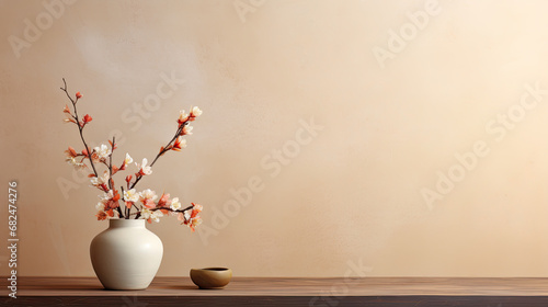 Blooming branch in ceramic vase on table