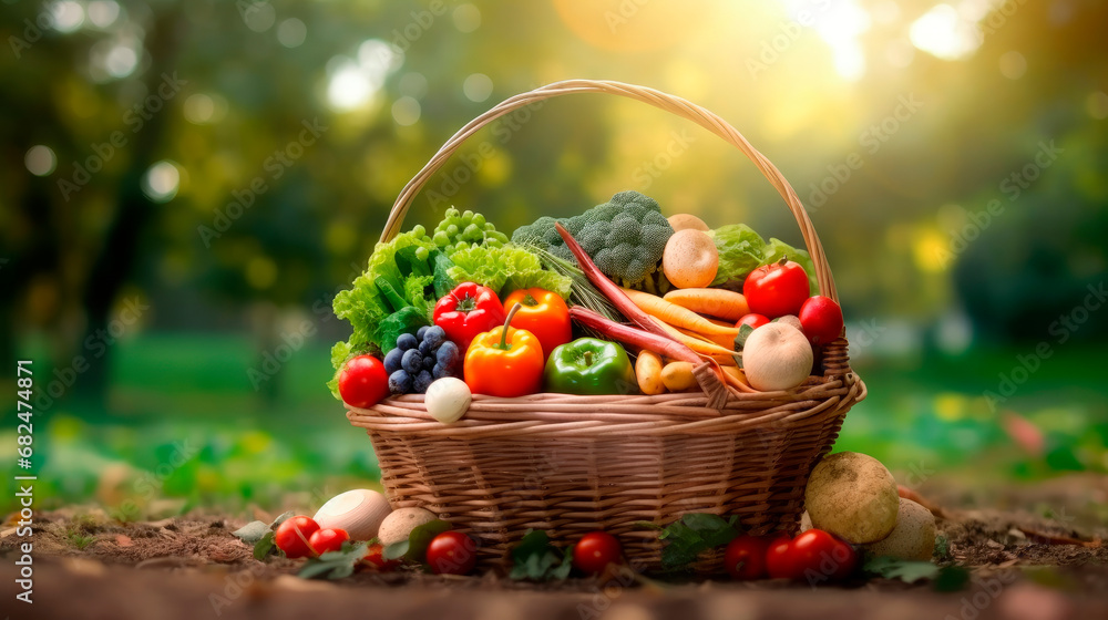 wicker basket full of fruits, vegetables and greens in autumn landscape wicker basket full of fruits, vegetables and greens in autumn landscape