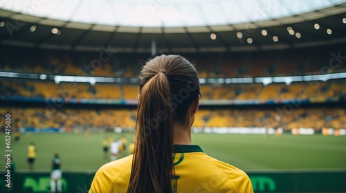 back view of woman player on pitch in Australian team at women's world cup, stadium action in yellow and green attire