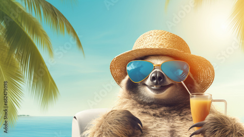 Sloth in a hat lounging with a drink, tropical background.