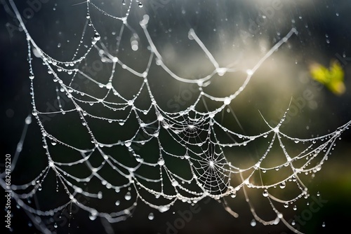 A delicate spider's web adorned with raindrops, glistening in the soft daylight.