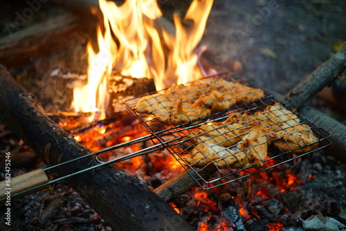 chicken meat on a metal grid and on fire. The concept of recreation in nature