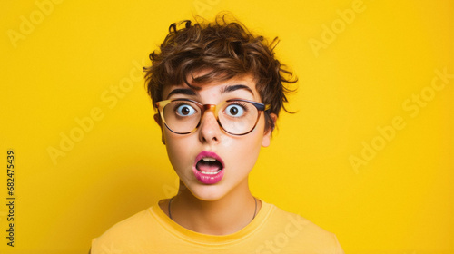Portrait of amazed shocked young woman with eyeglasses, surprised, amazed, astonished face, astonished mouth with opened mouth, open mouth,. © Synthetica