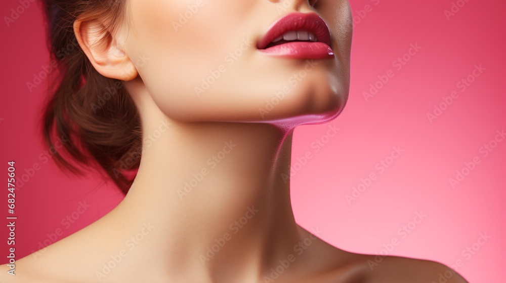 Isolated female neck and collarbones on a pink background, showcasing her natural beauty, with glowing skin.