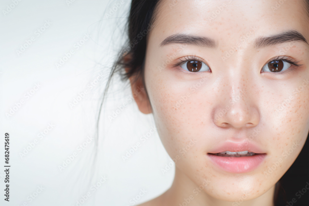 An Asian woman with problematic skin and freckles is gazing at the camera in front of a white backdrop leaving plenty of space for copy. An Asian woman with problematic skin and freckles is gazing at the camera in front of a white backdrop leaving plenty of space for copy.