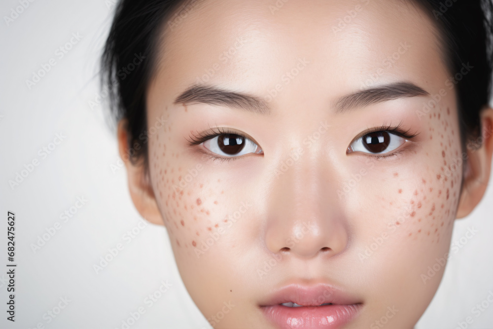 A semi-fresh Asian female with freckles and problematic skin gazes into the camera on a white background, with ample room for text.