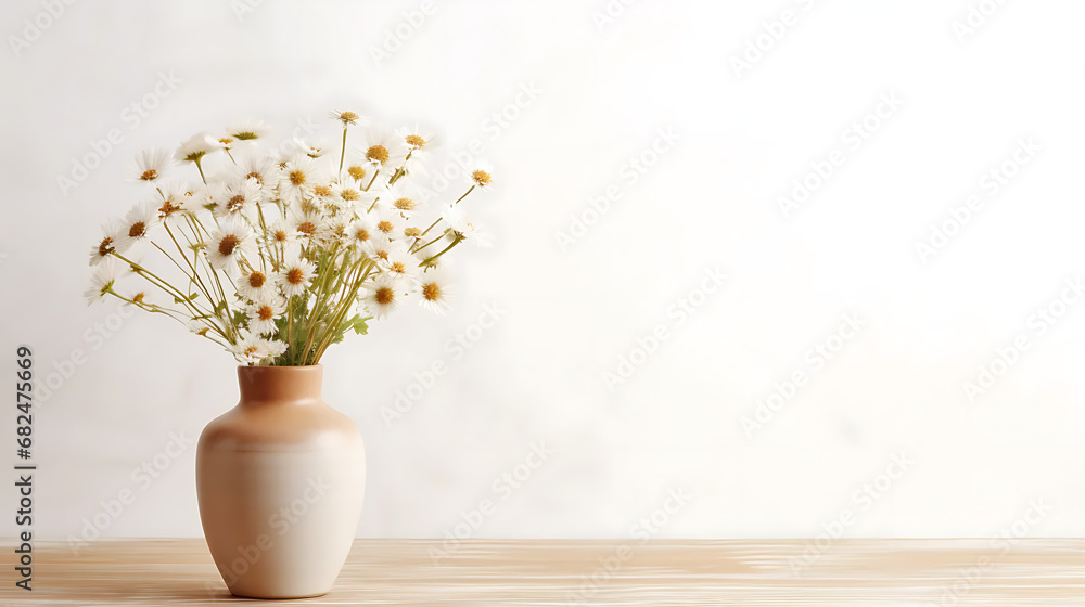 Wooden table with beige clay vase with bouquet of chamomile flowers near empty, blank white wall. Home interior background with copy space