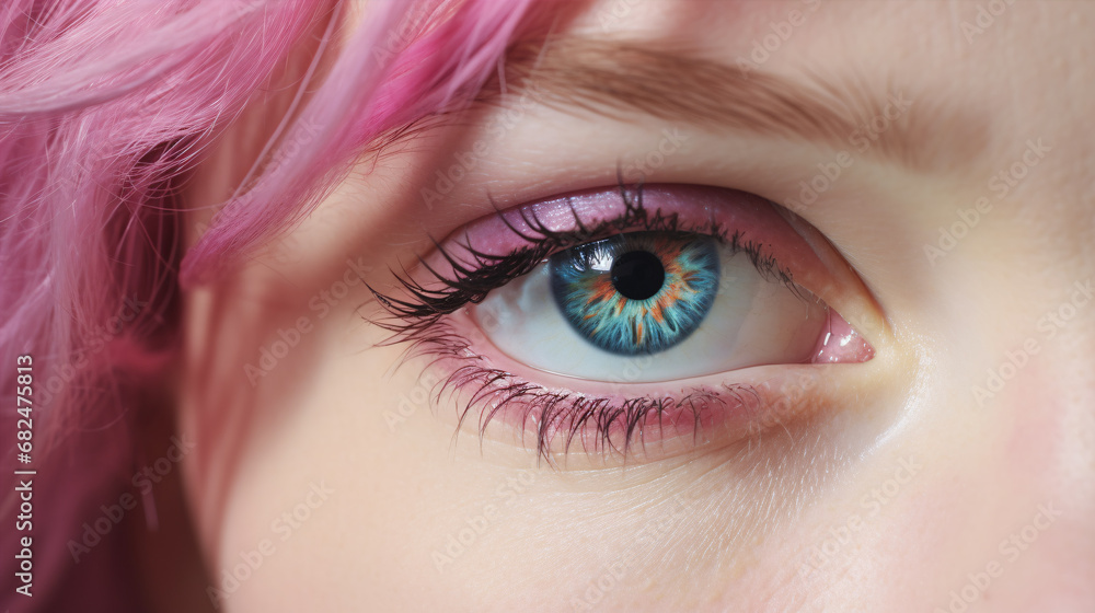 A zoom-in of a young lass with tinted locks in a studio. A zoom-in of a young lass with tinted locks in a studio.