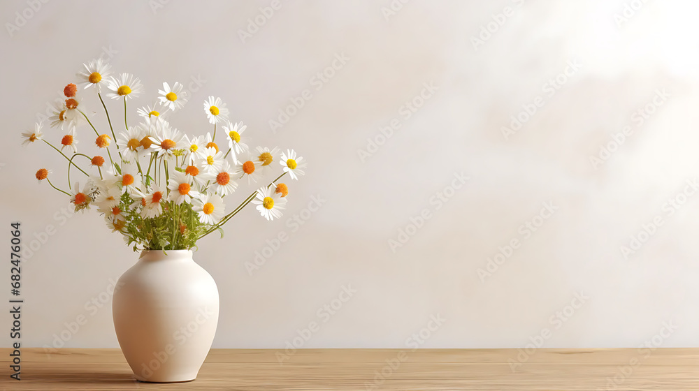 Wooden table with beige clay vase with bouquet of chamomile flowers near empty, blank white wall. Home interior background with copy space Wooden table with beige clay vase with bouquet of chamomile flowers near empty, blank white wall. Home interior background with copy space