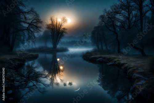 A crescent moon hanging low over a mist-covered river, its reflection creating a mysterious and enchanting atmosphere in the moonlit night.