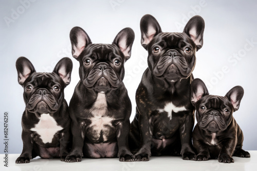 Portrait of French Bulldogs family. Dogs sitting on floor and looking at camera  front view