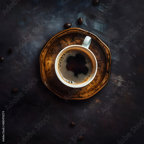 Cup of coffee and coffee beans on black background. Coffee cup and beans on old kitchen table. Top view of Hot coffee cup and coffee beans on black background.