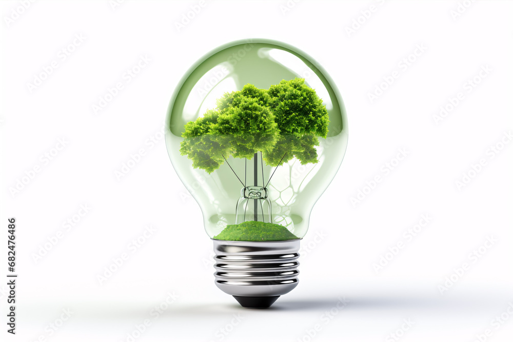 An isolated eco-friendly LED bulb powered by solar panels on a white background symbolizes sustainable energy. - obrazy, fototapety, plakaty 