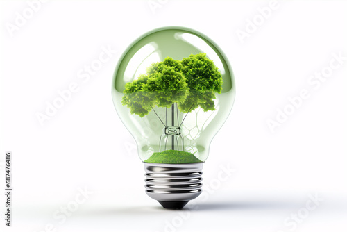 An isolated eco-friendly LED bulb powered by solar panels on a white background symbolizes sustainable energy.