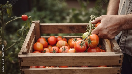 Farmer hands holding wooden box with tomato harvest. © Ilia