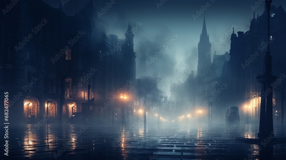 an elegant cityscape with lights diffused through mist, creating a dreamy atmosphere