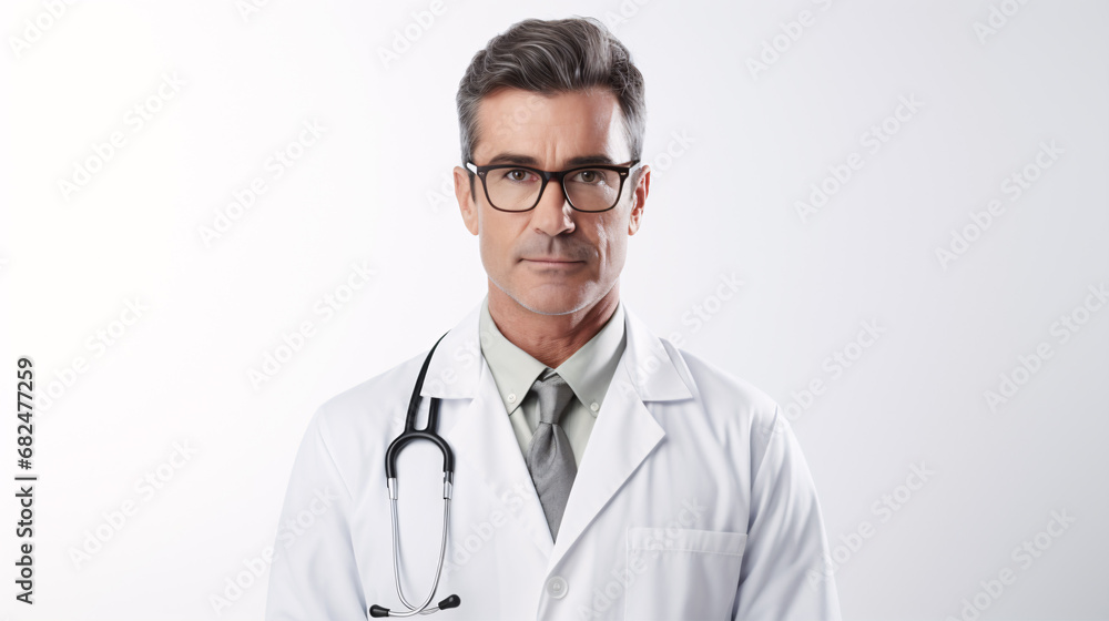 A medical practitioner wearing eyewear and aphasiology device is gazing at the lens against an immaculate backdrop, with vacant room for text and well-being.