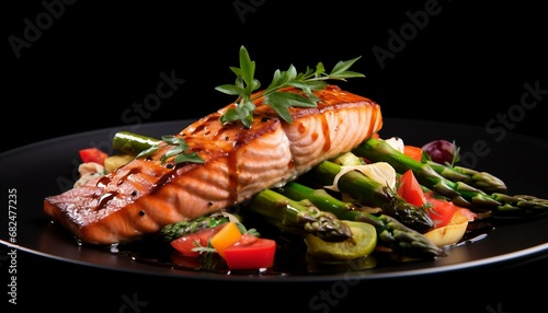 Salmon steak with asparagus and vegetables on a black background