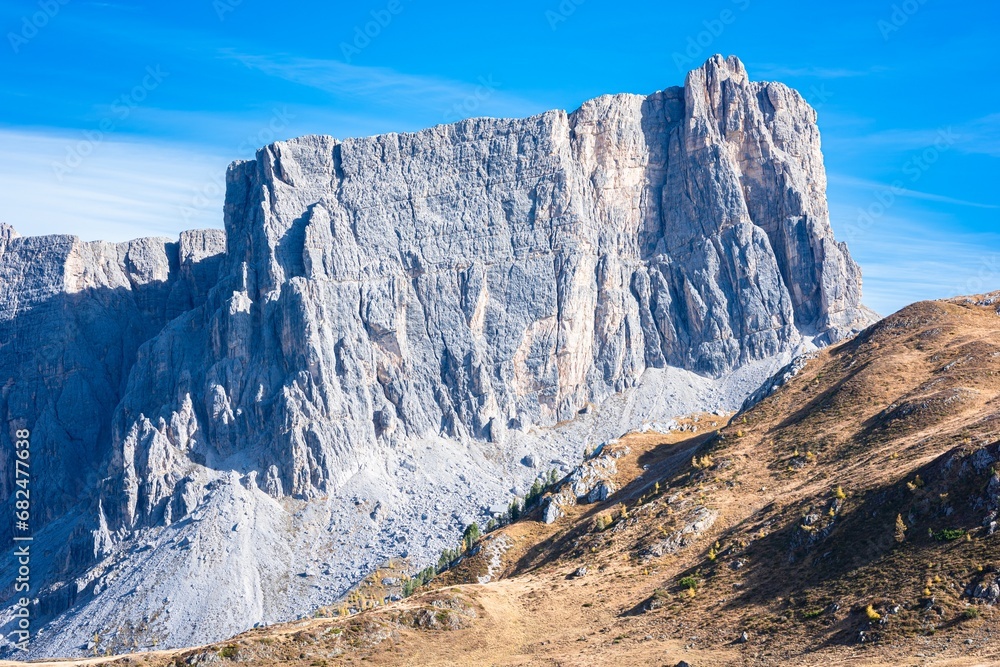 Stunning view of rock mountain ´Ponta Lastoi de Formin´ in the Ampezzo Dolomites, Italy