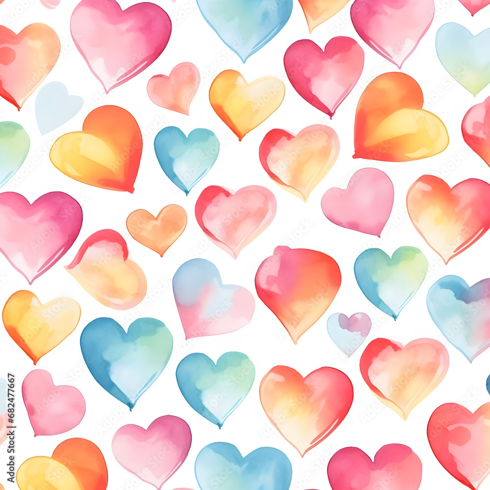 Watercolor hearts seamless background. Pink tiled pattern from heart shapes isolated on white. Romantic texture in pastel colors hand drawn with paints.