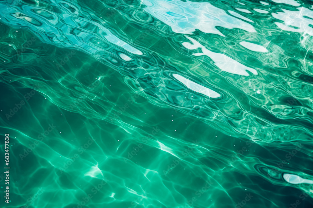 Naklejka premium Crystal clear turquoise water with gentle waves and light reflections, perfect for a refreshing and serene background.