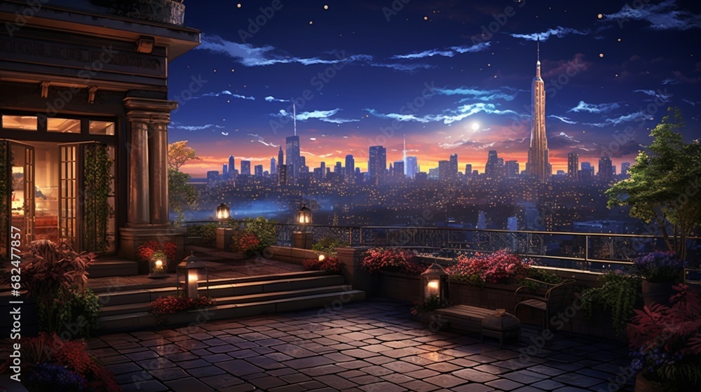 an elegant cityscape with lights from a rooftop garden