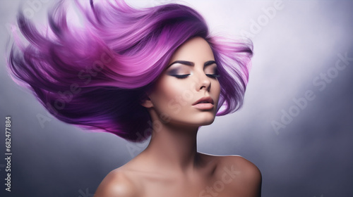 A glamorous female with lavender-hued locks billowing in the breeze  sporting dazzling makeup and a chic short  do  epitomizes professional coiffure.