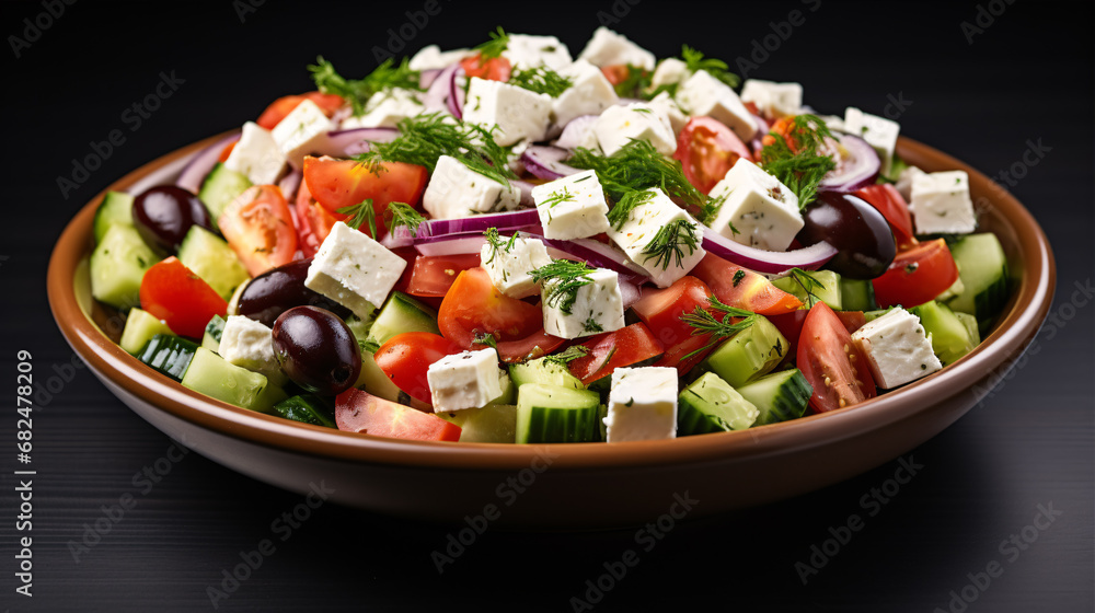 A Greek salad consisting of cheese and crisp veggies isolated on a dark surface.