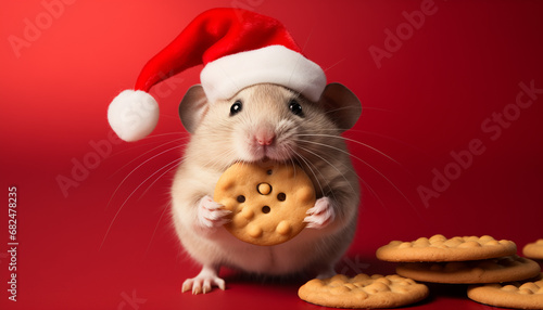 a mouse wearing a christmas hat and eating cookies photo