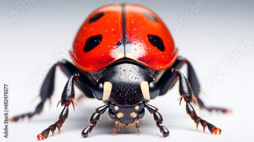 A macro close-up of Coccinella septempunctata, also known as the seven-spot ladybird, isolated against a white backdrop. © ckybe