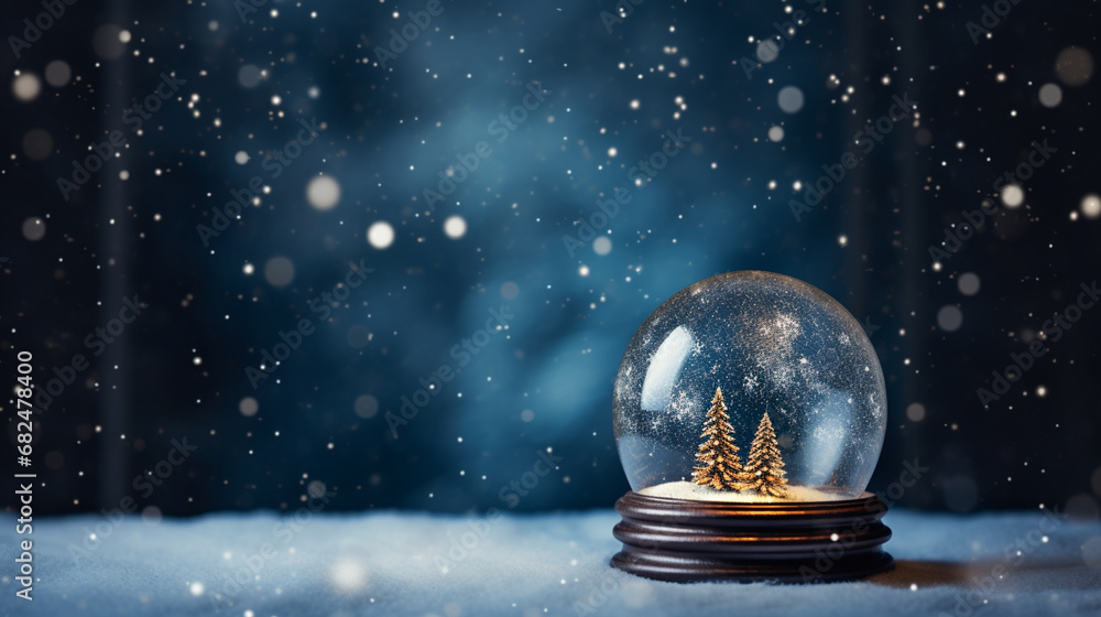 Whimsical Christmas Holidays Snow Globe with Evergreen Trees and Snowfall on Moody Blue Background with Twinkle Lights Background Effect - Xmas Decor Theme with Copy Space Whimsical Christmas Holidays Snow Globe with Evergreen Trees and Snowfall on Moody Blue Background with Twinkle Lights Background Effect - Xmas Decor Theme with Copy Space