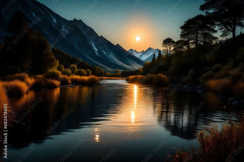 Moonrise over a peaceful river, with the celestial body casting a warm and golden glow on the water's surface, framed by distant mountains.