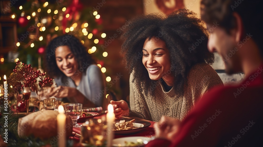 Multi-Ethnic Friends Celebrating Christmas Dinner at Home. Joyful Festive Gathering
