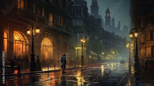 an elegant cityscape with lights shimmering on a wet street