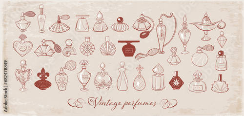 Collection of doodle vintage perfume bottles on vintage background. Vector sketch illustration