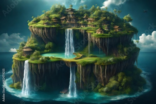 A surreal floating island in the sky with waterfalls cascading down
