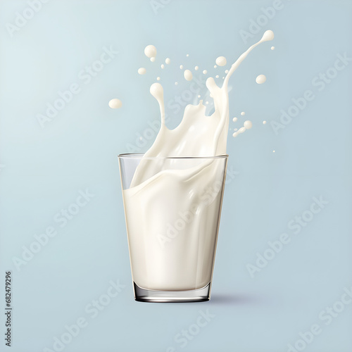 Milk and transparent cup elements isolated on warm background. Liquid splash in glass cup. Milk pours out. Vector 3d realistic illustration. Milk pouring into glass cup.