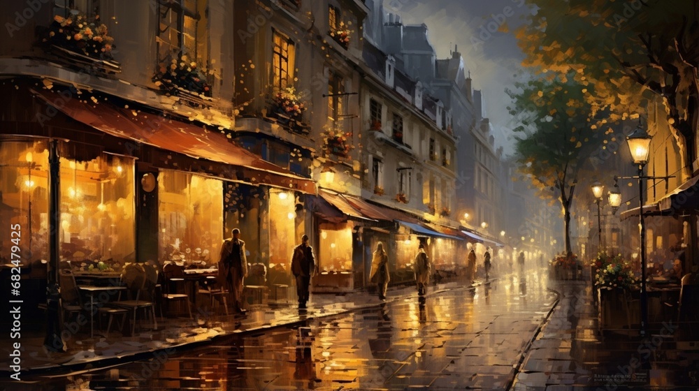 an elegant cityscape with lights shimmering on a wet cobblestone street