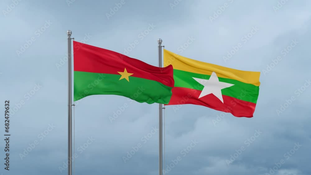 Myanmar aka Burma flag and Burkina Faso flag waving together on cloudy sky, endless seamless loop, two country relations concept Myanmar aka Burma flag and Burkina Faso flag waving together on cloudy sky, endless seamless loop, two country relations concept