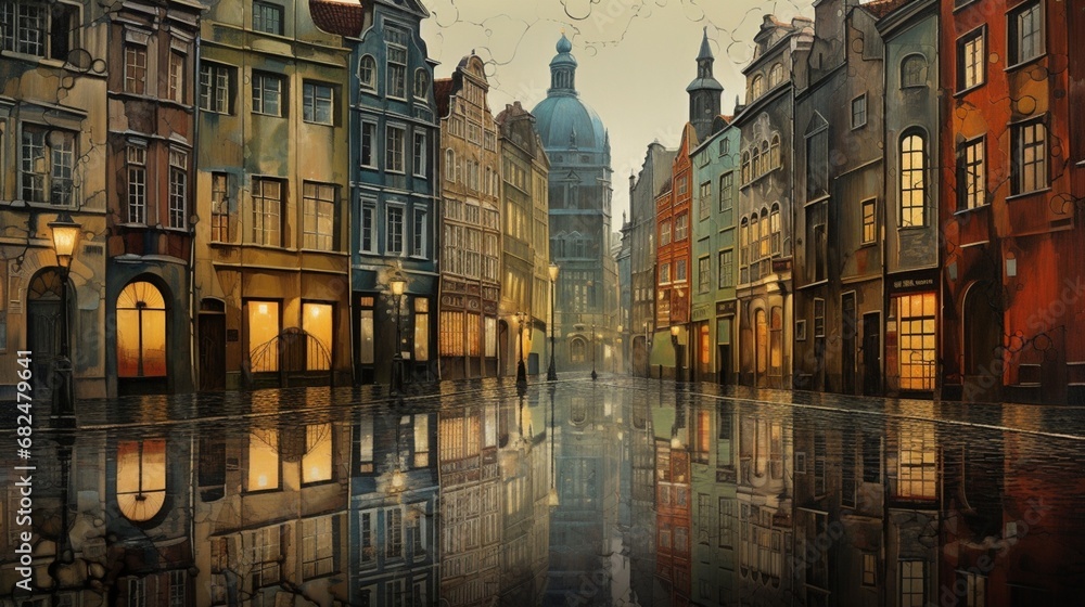 an elegant cityscape with reflections in wet cobblestone
