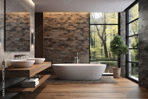 Interior of modern bathroom with brick walls  wooden floor  comfortable white bathtub standing on wooden countertop.  