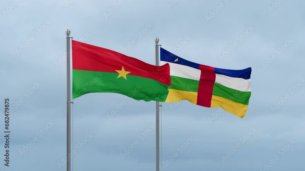 Central African Republic flag and Burkina Faso flag waving together on cloudy sky, endless seamless loop, two country relations concept Central African Republic flag and Burkina Faso flag waving together on cloudy sky, endless seamless loop, two country relations concept