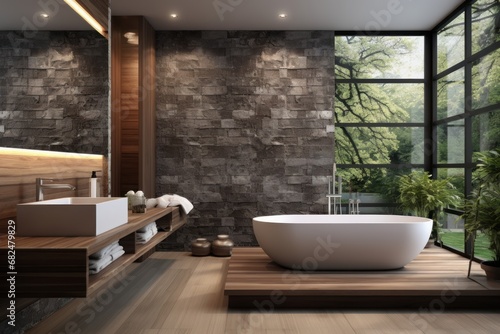 Interior of modern bathroom with wooden and stone walls, tiled floor, comfortable bathtub and wooden countertop.   © John Martin