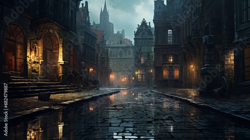 an elegant cityscape with reflections in wet cobblestone
