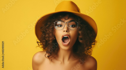 Young beautiful brunette woman wearing curly hair and hat and glasses and hat afraid and shocked with surprise expression, fear and excited face.