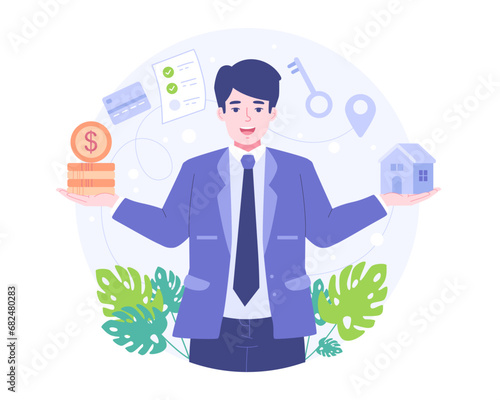 Qualified and reliable real estate agent guarantees property buying. Realtor helps in house searching and mortgage contracts. Vector illustration