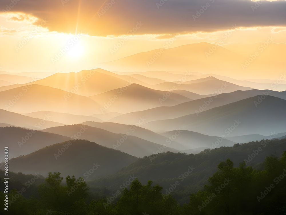 Layer of mountains and mist at sunset time, the distant mountains in the mist. misty autumn sunrise in mountains. scenery with colorful trees on the grassy hills in morning light.